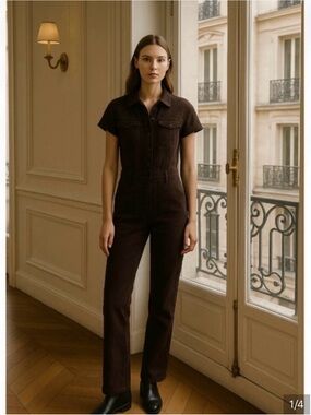 Classic Short-Sleeve Cropped Jumpsuit in Dark Brown